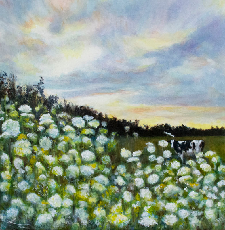 Cow and Field; 
$295
Oil on Cradleboard - 12" x 12"